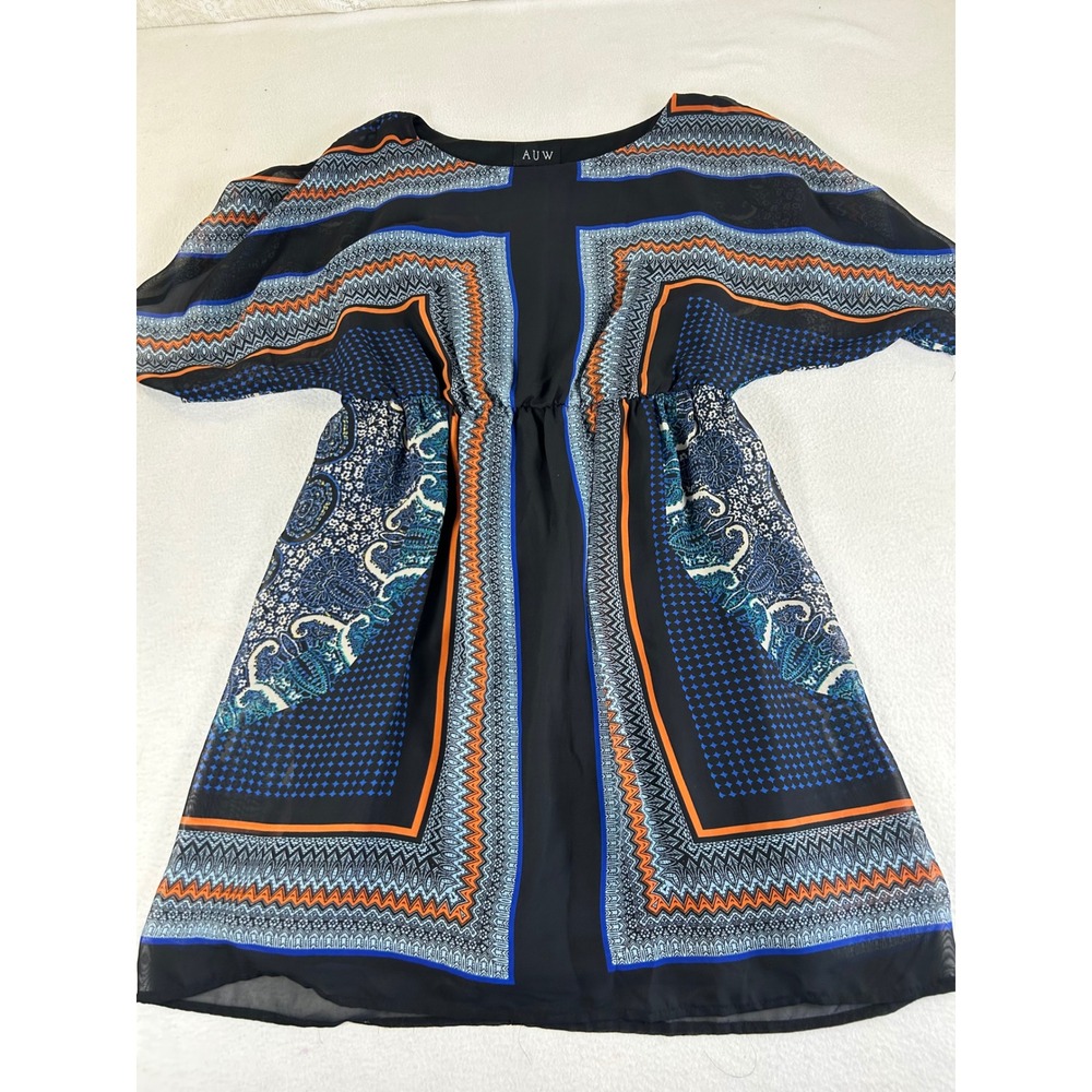AUW‎ T-Shirt Women Small Blue Geometric Boho Paisley Print Tunic Top
